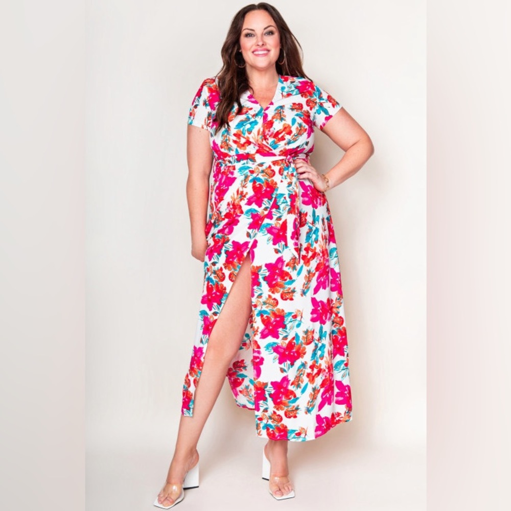 Rose Plus Size Floral Print Wrap Slit Dress